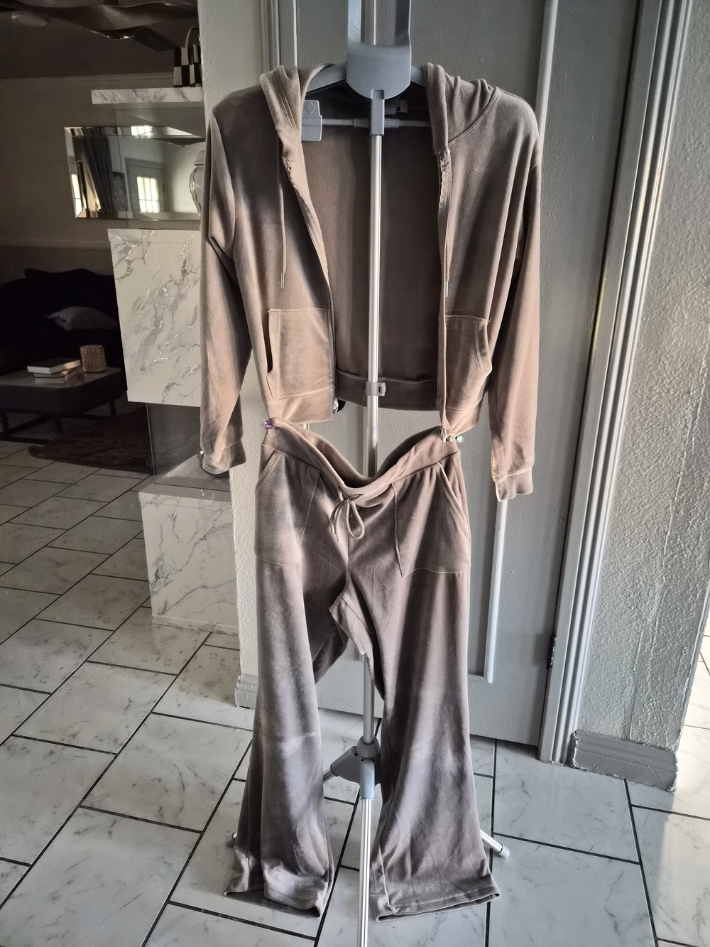 Fashion Nova Taupe Velvet Hoodie & Wide-Leg Pants Set